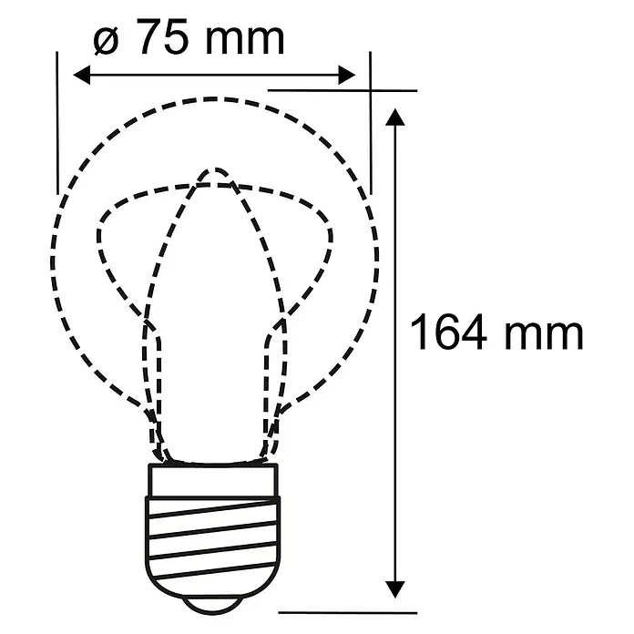 Paulmann Inner Glow LED-Lampe Vintage Glühlampenform E27 - E27, Nicht Dimmbar, Gelb, 90 lm, 3,5 W, Kerze, Farbe: Smoky - Illustration einer Glühbirne mit den Maßen 75 mm Durchmesser und 164 mm Höhe, dargestellt in technischer Zeichnung.