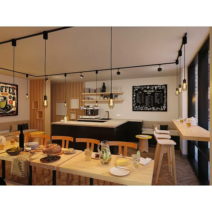 Paulmann Inner Glow LED-Lampe Vintage Glühlampenform E27 - E27, Nicht Dimmbar, Gelb, 160 lm, 3,5 W, Kerze, Farbe: Gold - Helle Aufnahme eines Restaurants mit Tischen, Stühlen, einer Bar und Deckenleuchten, die eine gemütliche Atmosphäre erzeugen.