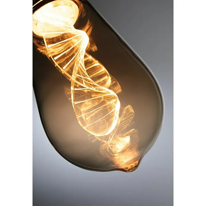 Paulmann Inner Glow LED-Lampe Vintage Glühlampenform E27 - E27, Nicht Dimmbar, Gelb, 180 lm, 3,5 W, Tropfen, Farbe: Gold - Nahaufnahme einer Edison-Glühbirne mit einem Wendel in Form einer DNA-Doppelhelix.