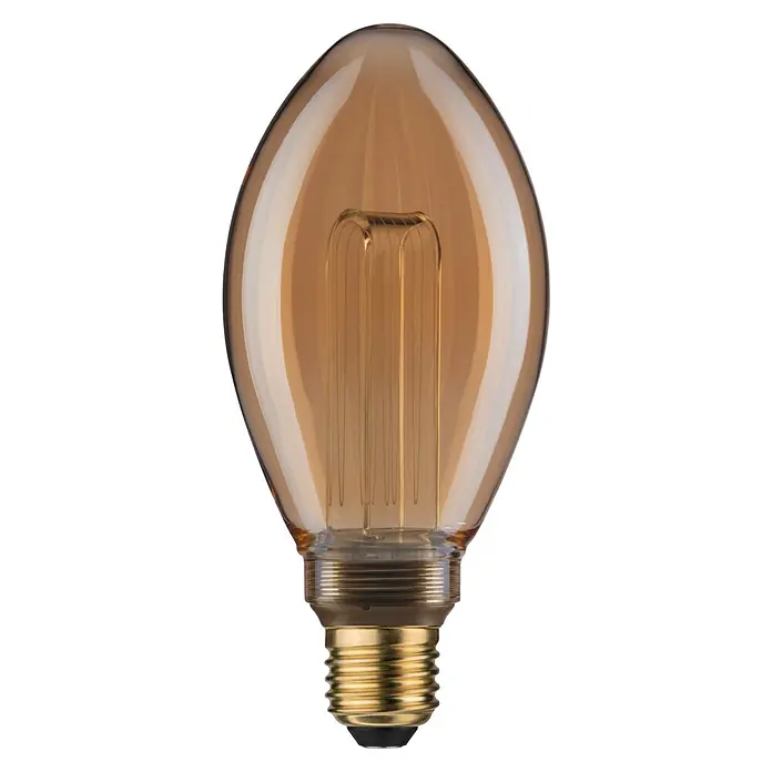 Paulmann Inner Glow LED-Lampe Vintage Glühlampenform E27 - E27, Nicht Dimmbar, Gelb, 160 lm, 3,5 W, Kerze, Farbe: Gold - Nahaufnahme einer dekorativen Glühbirne mit bernsteinfarbenem Glas und sichtbaren Filamenten, die warmes Licht ausstrahlt.