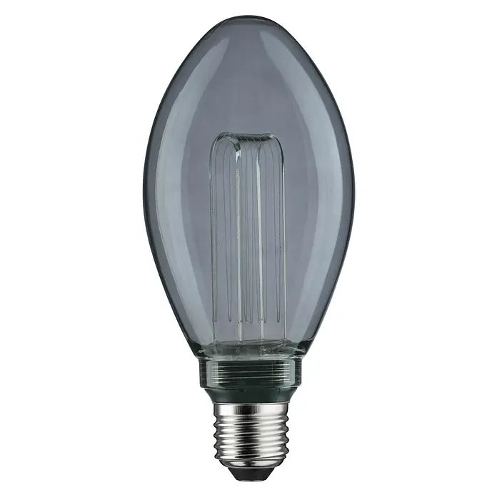 Paulmann Inner Glow LED-Lampe Vintage Glühlampenform E27 - E27, Nicht Dimmbar, Gelb, 80 lm, 3,5 W, Kerze, Farbe: Smoky - Nahaufnahme einer länglichen, grauen LED-Glühbirne mit sichtbaren Glühfäden und Metallsockel vor schwarzem Hintergrund.