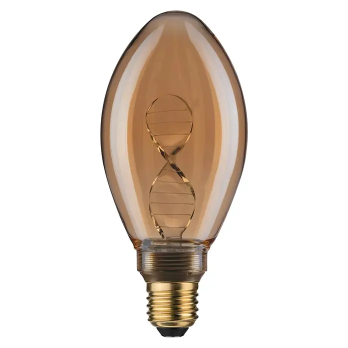 Paulmann Inner Glow LED-Lampe Vintage Glühlampenform E27 - E27, Nicht Dimmbar, Gelb, 180 lm, 3,5 W, Kerze, Farbe: Gold - Nahaufnahme einer dekorativen Edison-Glühbirne mit spiralförmigem Glühfaden, die ein warmes, bernsteinfarbenes Licht ausstrahlt.