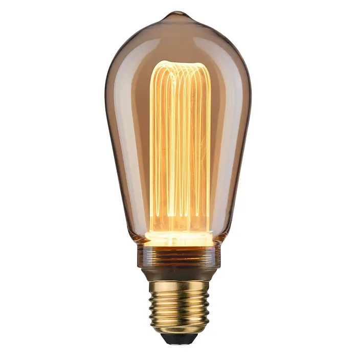 Paulmann Inner Glow LED-Lampe Vintage Glühlampenform E27 - E27, Nicht Dimmbar, Gelb, 160 lm, 3,5 W, Tropfen, Farbe: Gold - Nahaufnahme einer Vintage-Glühbirne mit warmem Licht und bernsteinfarbenem Glas, die ein gemütliches Ambiente schafft.\n