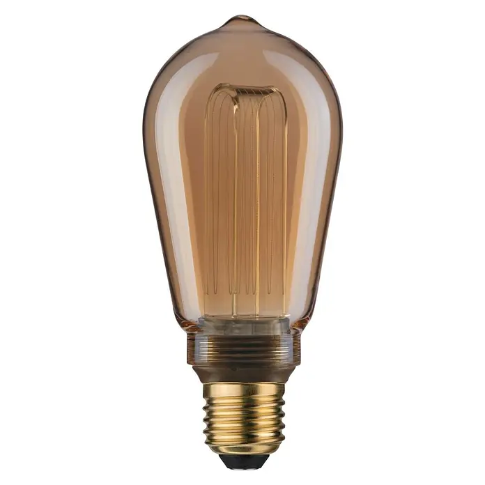 Paulmann Inner Glow LED-Lampe Vintage Glühlampenform E27 - E27, Nicht Dimmbar, Gelb, 160 lm, 3,5 W, Tropfen, Farbe: Gold - Nahaufnahme einer Edison-Glühbirne mit warmem Glanz, die ein nostalgisches Ambiente erzeugt und ihr einzigartiges Glühfaden-Design hervorhebt.