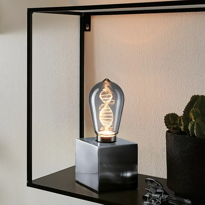 Paulmann Inner Glow LED-Lampe Vintage Glühlampenform E27 - E27, Nicht Dimmbar, Gelb, 90 lm, 3,5 W, Tropfen, Farbe: Smoky - Dekorative Tischleuchte mit einem rauchgrauen Glas und einem einzigartigen DNA-Glühfaden auf einem schwarzen Regal mit Kaktus.