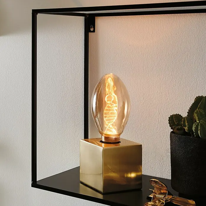 Paulmann Inner Glow LED-Lampe Vintage Glühlampenform E27 - E27, Nicht Dimmbar, Gelb, 180 lm, 3,5 W, Kerze, Farbe: Gold - Eine goldene Würfellampe mit einer ovalen Glühbirne auf einem Regal. Die Lampe strahlt warmes Licht aus und steht neben einem Kaktus.