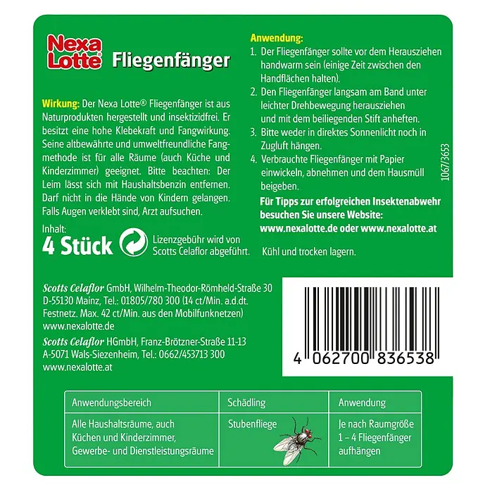Nexa Lotte Fliegenfänger - 4 Stk. - Nexa Lotte Fliegenfänger: Der insektizidfreie Fliegenfänger aus Naturprodukten mit hoher Klebekraft zur Anwendung in Innenräumen.