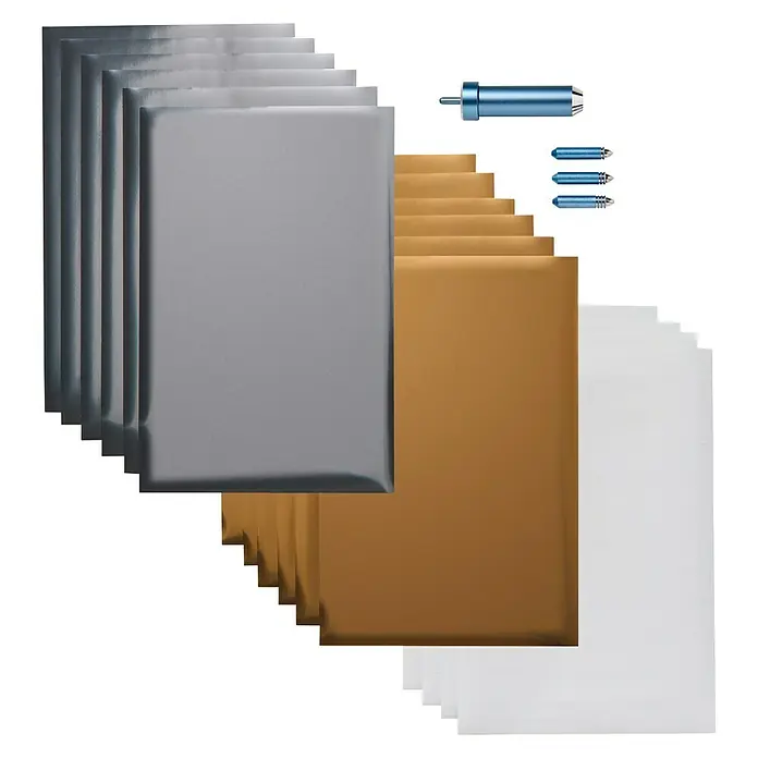 Cricut Maker Plotter-Werkzeug Folientransfer-Werkzeug - Passend für: Cricut Maker™ und Cricut Explore™ - Glänzende Folienblätter in Silber, Gold und Weiß, zusammen mit einem Werkzeug und Ersatzklingen, ideal für Bastelprojekte und Dekorationen.