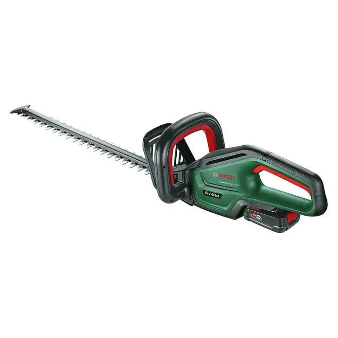 Bosch Power for All 18V Akku-Heckenschere UniversalHedgeCut 18V-55 - 18 V, Li-Ionen, 1 Akku, Schnittlänge: 50 cm - Bild einer Akku-Heckenschere von Bosch, Modell UniversalHedgeCut 18V, mit scharfen Klingen und ergonomischem Design.