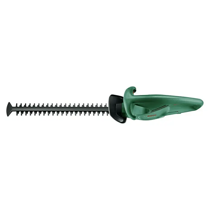 Bosch Power for All 18V Akku-Heckenschere EasyHedgeCut 18V-45 - 18 V, Li-Ionen, Ohne Akku, Schnittlänge: 40 cm - Akkubetriebene Heckenschere von Bosch, ideal für den Garteneinsatz. Das Gerät ist grün und schwarz und verfügt über eine scharfe Schneideklinge.