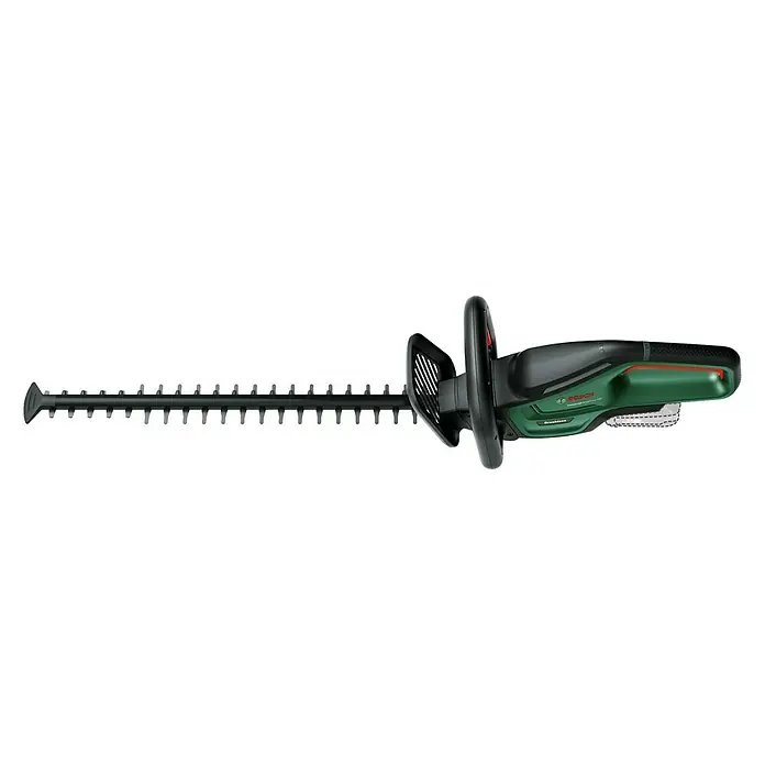 Bosch Power for All 18V Akku-Heckenschere UniversalHedgeCut 18V-55 - 18 V, Li-Ionen, Ohne Akku, Schnittlänge: 50 cm - Eine Bosch AdvancedHedgeCut 36V-65 Akku-Heckenschere vor schwarzem Hintergrund. Das Gerät ist grün und schwarz.