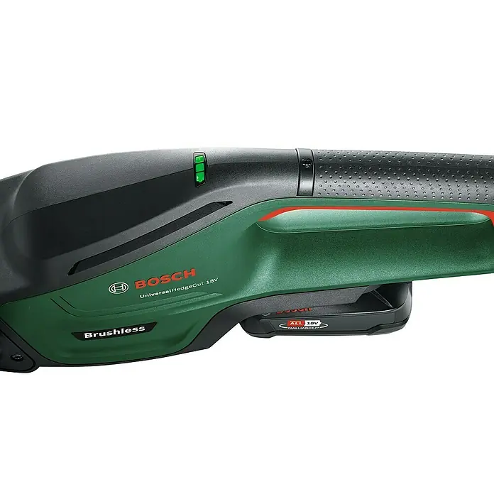 Bosch Power for All 18V Akku-Heckenschere UniversalHedgeCut 18V-55 - 18 V, Li-Ionen, 1 Akku, Schnittlänge: 50 cm - Bild einer Bosch UniversalHedgeCut 18V Akku-Heckenschere, die sich durch ihre grüne und schwarze Farbgebung auszeichnet.