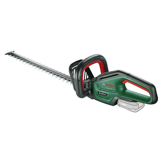 Bosch Power for All 18V Akku-Heckenschere UniversalHedgeCut 18V-55 - 18 V, Li-Ionen, Ohne Akku, Schnittlänge: 50 cm - Abbildung einer Bosch UniversalHedgeCut 18V-55 Akku-Heckenschere mit bürstenlosem Motor und langem Schwert zum mühelosen Schneiden von Hecken.