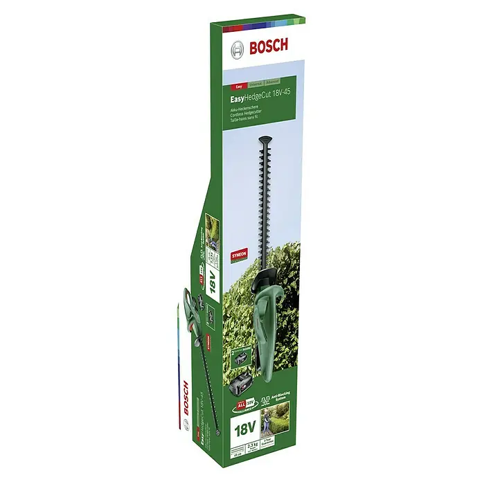 Bosch Power for All 18V Akku-Heckenschere EasyHedgeCut 18V-45 - 18 V, Li-Ionen, Ohne Akku, Schnittlänge: 40 cm - Abbildung einer Bosch EasyHedgeCut 18V-45 Akku-Heckenschere, einem kabellosen Gartengerät zum einfachen und effizienten Trimmen von Hecken.