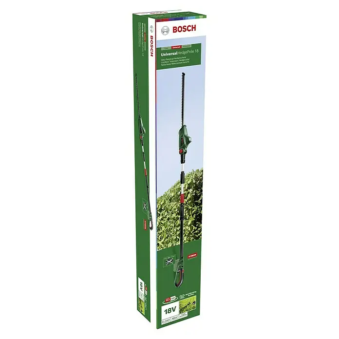 Bosch Power for All 18V Teleskop-Heckenschere UniversalHedgePole 18 - 18 V, Li-Ionen, Ohne Akku, Schnittlänge: 43 cm - Die Verpackung der UniversalHedgePole 18 von Bosch, einer Akku-Teleskop-Heckenschere für müheloses Schneiden hoher Hecken.