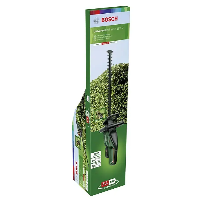 Bosch Power for All 18V Akku-Heckenschere UniversalHedgeCut 18V-55 - 18 V, Li-Ionen, 1 Akku, Schnittlänge: 50 cm - Abbildung einer Bosch UniversalHedgeCut 18V-55 Akku-Heckenschere mit einer Schnittlänge von 55 cm und 18 V Akku.