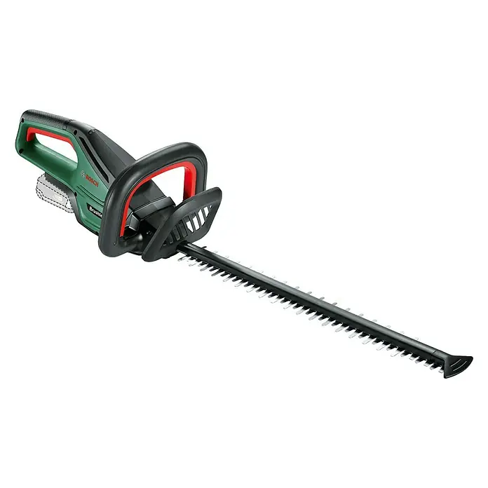 Bosch Power for All 18V Akku-Heckenschere UniversalHedgeCut 18V-55 - 18 V, Li-Ionen, Ohne Akku, Schnittlänge: 50 cm - Abbildung einer Bosch Akku-Heckenschere mit grünen und schwarzen Griffen und einer langen Schneidevorrichtung.