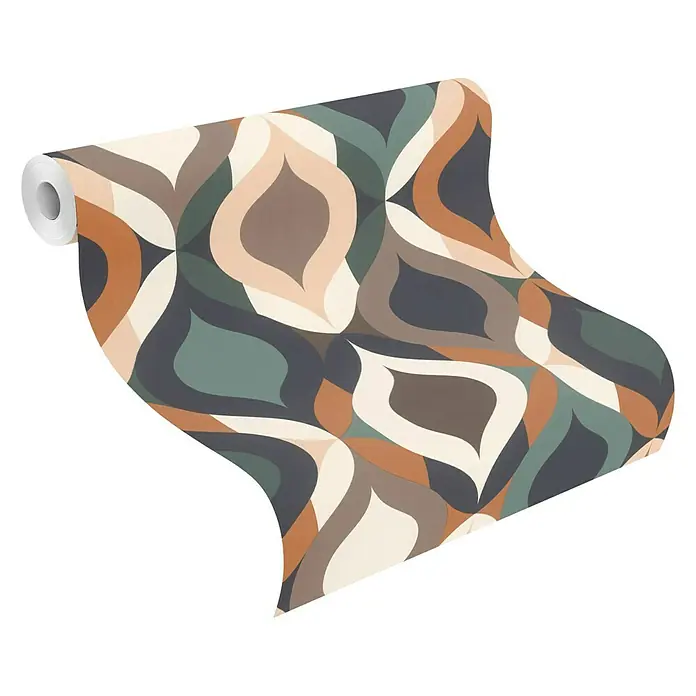 Rasch Salsa Vliestapete Retro - Grün-Braun, Grafisch, 10,05 x 0,53 m - Rolle gemusterter Tapete mit einem abstrakten Retro-Design in Braun-, Beige-, Grün- und Grautönen, perfekt für einen Vintage-Look in Ihrem Zuhause.