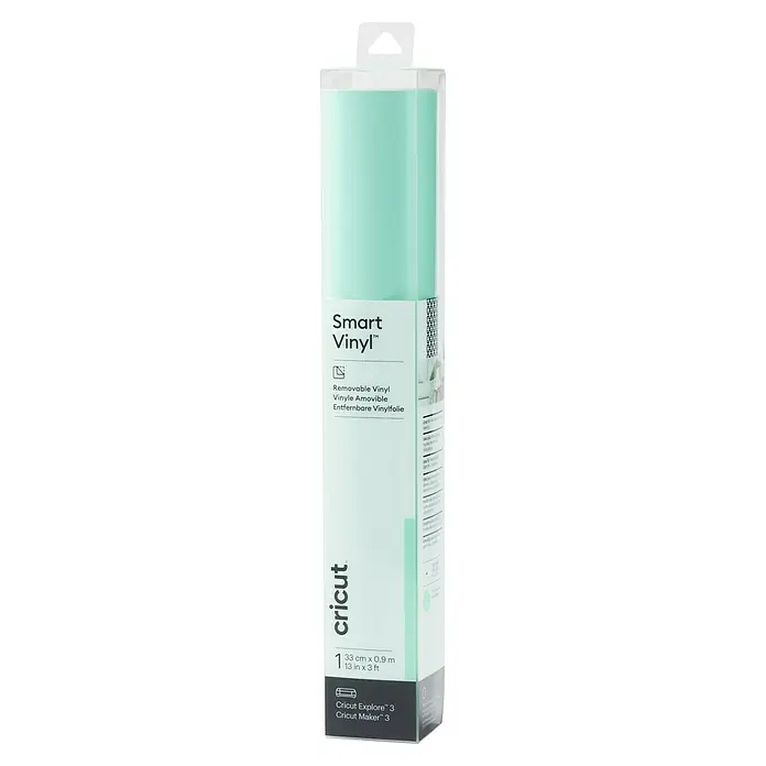 Cricut Vinylfolie Smart Vinyl Ablösbar - 1 Stk., Mint, 91 x 33 cm, Selbstklebend - Nahaufnahme einer Cricut Smart Vinyl Rolle in einer durchsichtigen Verpackung, die für Cricut Explore 3 und Maker 3 geeignet ist.