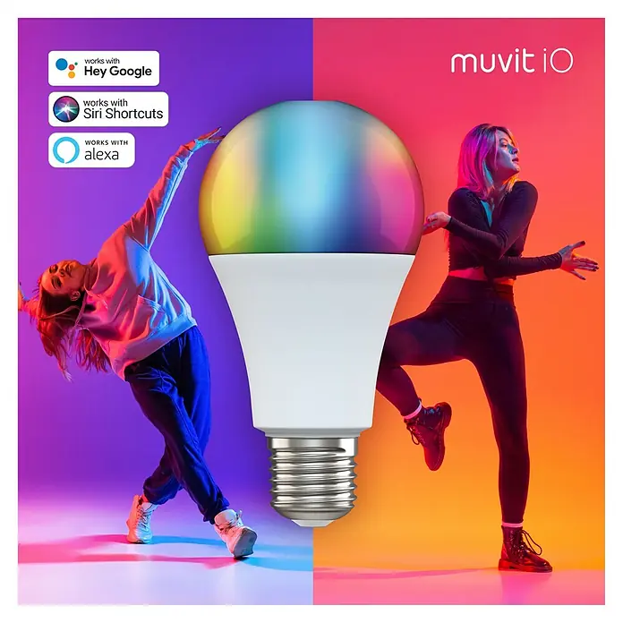 Muvit iO Bombilla LED inteligente - RGB, 1.400 lm, 1 ud. - Bombilla inteligente Muvit iO con cambio de color, compatible con Hey Google, Siri Shortcuts y Alexa, para iluminación personalizada.