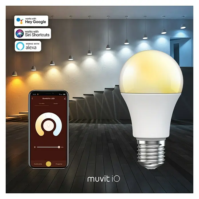 Muvit iO Bombilla LED inteligente White - Blanco frío, 806 lm, 8 W, 1 ud. - Bombilla LED inteligente Muvit iO compatible con Google Assistant, Siri Shortcuts y Alexa. Controlada mediante la app del smartphone.