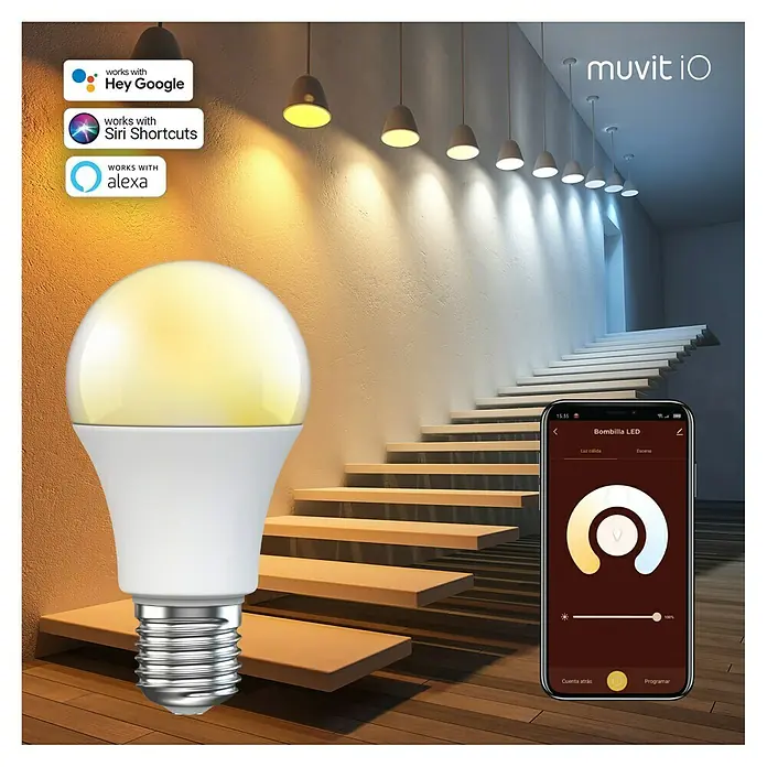Muvit iO Bombilla LED inteligente White - Blanco frío, 806 lm, 8 W, 1 ud. - Bombilla LED inteligente con luz cálida y control por voz vía Google, Siri y Alexa. Ideal para crear ambiente en el hogar.