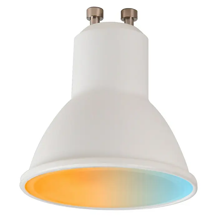 Muvit iO Bombilla LED inteligente RGB y blancos - RGB, 400 lm, 5 W, 1 ud. - Primer plano de una bombilla LED blanca con base bi-pin y un degradado de color amarillo a azul.