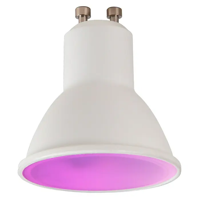 Muvit iO Bombilla LED inteligente RGB y blancos - RGB, 400 lm, 5 W, 1 ud. - Primer plano de una lámpara de crecimiento LED blanca con luz púrpura, perfecta para plantas de interior y uso en interiores.