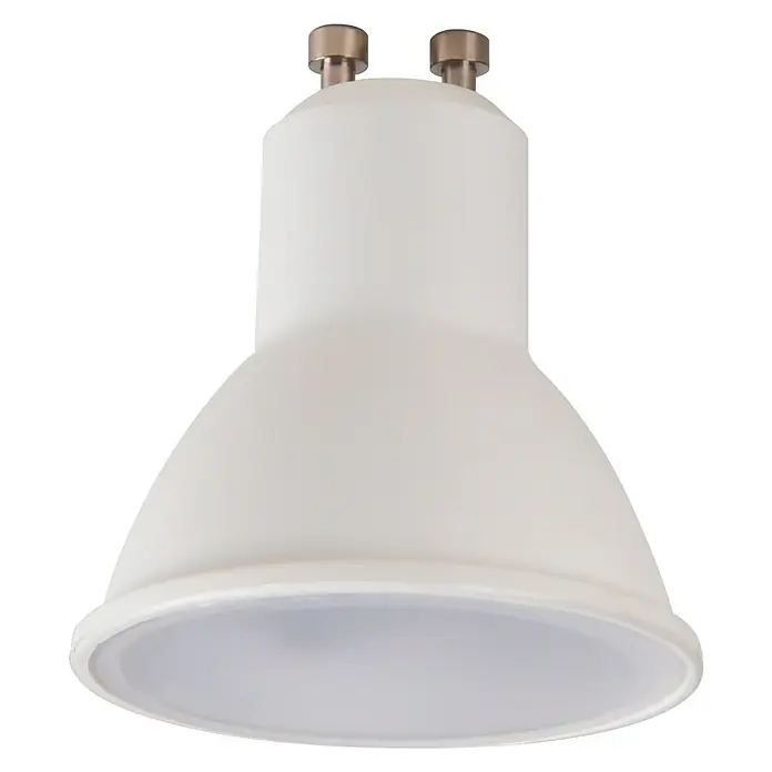 Muvit iO Bombilla LED inteligente RGB y blancos - RGB, 400 lm, 5 W, 1 ud. - Primer plano de una bombilla LED blanca con base GU10, sobre un fondo negro.