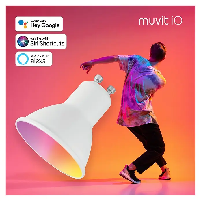 Muvit iO Bombilla LED inteligente RGB y blancos - RGB, 400 lm, 5 W, 1 ud. - Bombilla LED inteligente Muvit iO compatible con Hey Google, Siri Shortcuts y Alexa. Iluminación inteligente para un hogar conectado.