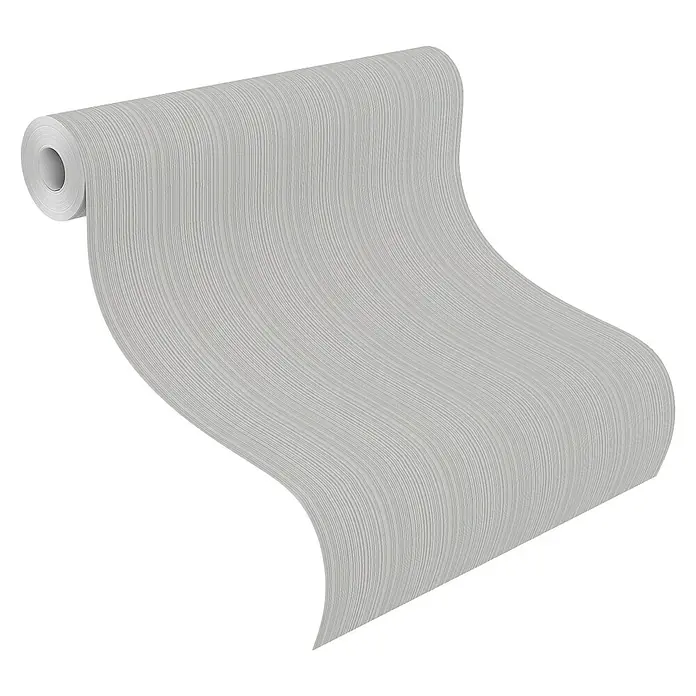 Rasch Selection Vliestapete - Grau, Uni, 10,05 x 0,53 m - Nahaufnahme einer Rolle mit grauer Strukturtapete. Die Tapete ist gerollt und zeigt eine feine, lineare Textur mit subtilen Farbvariationen.
