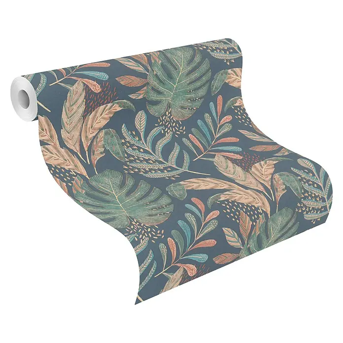 Rasch Salsa Vliestapete Blätter II - Nachtblau, Floral, 10,05 x 0,53 m - Ein Rollen-Tapete mit einem bunten, floralen Muster aus Blättern und floralen Akzenten auf einem eleganten Hintergrund.