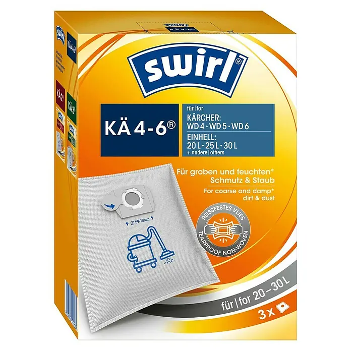 Swirl Staubsaugerbeutel KÄ 4-63 Stk., Passend für: Kärcher Sauger - Bild einer Packung Swirl KÄ 4-6 Staubsaugerbeutel, geeignet für Kärcher WD 4, WD 5 und WD 6, mit einem Fassungsvermögen von 20-30 Litern.