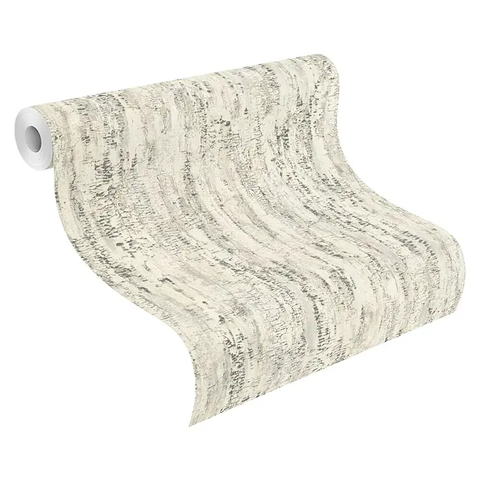 Rasch Composition Vliestapete Birke - Grauweiß, Floral, 10,05 x 0,53 m - Eine Rolle Raufasertapete in Beige und Grau mit einer unregelmäßigen, strukturierten Oberfläche, ideal für die Wandgestaltung.