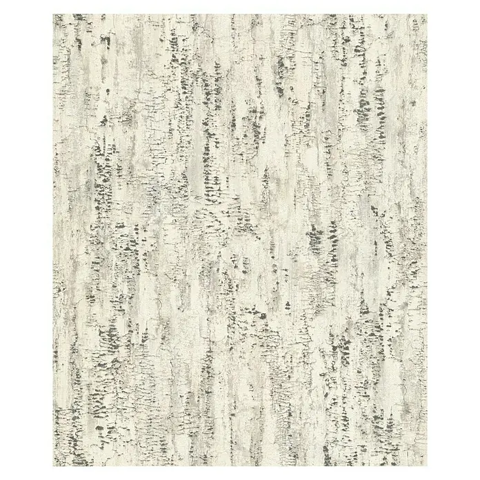 Rasch Composition Vliestapete Birke - Grauweiß, Floral, 10,05 x 0,53 m - Eine Nahaufnahme eines Hintergrunds mit einem verwitterten weißen Muster, das eine rustikale und strukturierte Oberfläche zeigt.