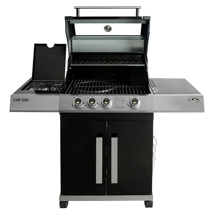 Kingstone KMS Gasgrill Cliff 350Grillfläche (B x T): 59 x 45 cm, 13,5 kW, Anzahl Brenner: 3 - Abbildung eines Kingsstone Cliff 350 Gasgrills in Schwarz und Silber. Der Grill verfügt über einen Seitenbrenner und einen offenen Deckel.