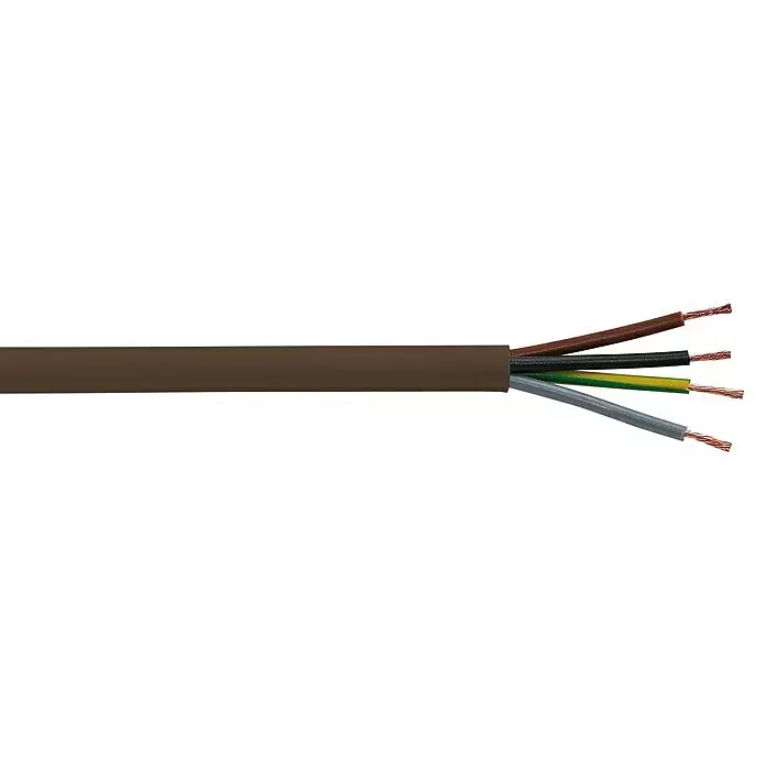 Schlauchleitung Meterware H03VV-F 4G0,75 mm² - Anzahl Adern: 4, Braun - Braunes Elektrokabel mit vier Innenadern (braun, schwarz, gelb/grün, grau) und freiliegenden Kupferlitzen.