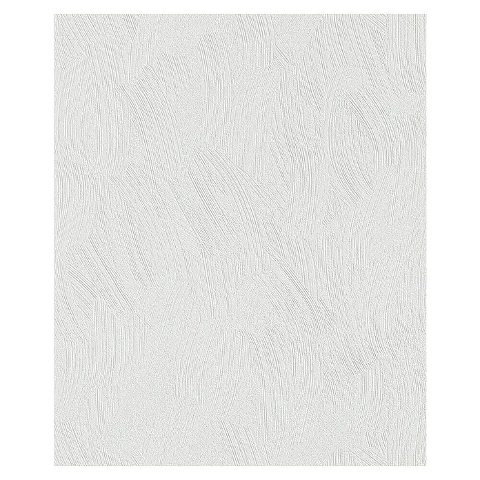 Rasch Wallton Vliestapete Premium Putzstruktur Wisch-Optik - Weiß, Uni, 10,05 x 0,53 m - Nahaufnahme einer strukturierten, weißen Wand mit gebogenen Linien, die ein modernes und elegantes Erscheinungsbild verleihen.