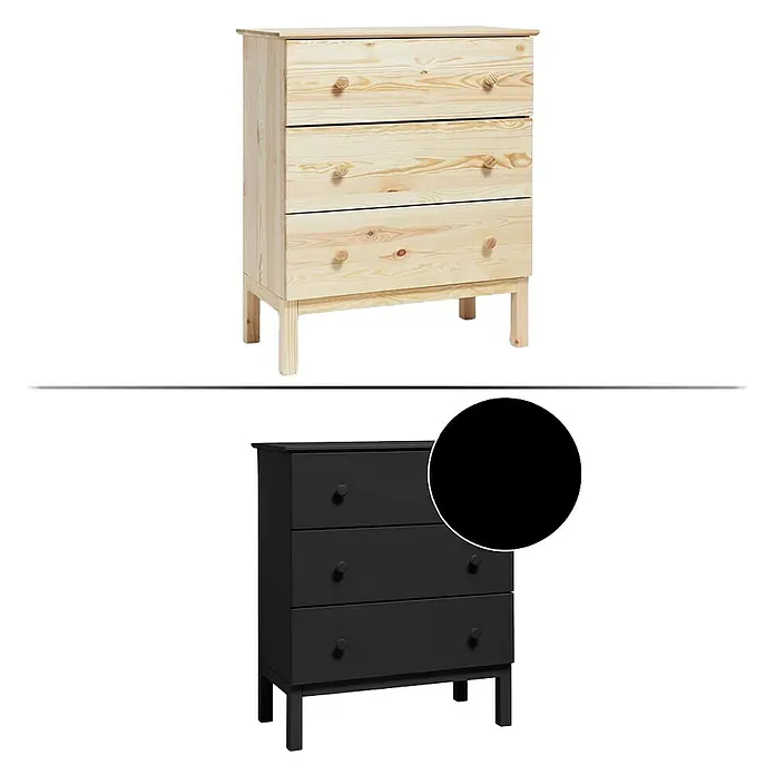 SCHÖNER WOHNEN-Farbe Pep up Weißlack für Möbel, Türen & Küchenfronten - Schwarz, Seidenmatt, 1 l, Wasserbasiert - Kommode aus hellem Holz und eine schwarz lackierte Kommode mit drei Schubladen und runden Knöpfen.