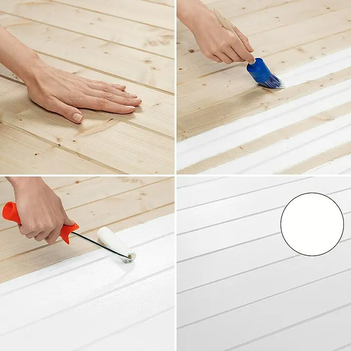 SCHÖNER WOHNEN-Farbe Pep up Weißlack für Holzböden & -Treppen - Weiß, Seidenmatt, 1 l, Wasserbasiert - Holzbretter werden mit verschiedenen Werkzeugen weiß gestrichen, darunter Pinsel und Walze. Vom Naturholz bis zur fertigen, weiß lackierten Oberfläche.
