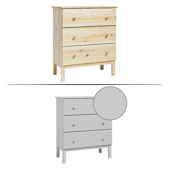 SCHÖNER WOHNEN-Farbe Pep up Weißlack für Möbel, Türen & Küchenfronten - Hellgrau, Seidenmatt, 1 l, Wasserbasiert - Bild einer Kommode aus hellem Holz und einer grauen Kommode.