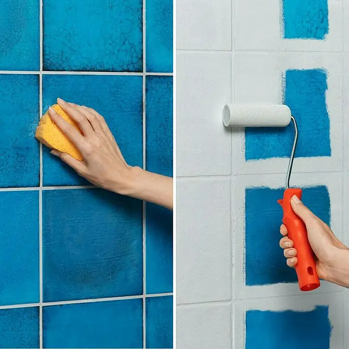 SCHÖNER WOHNEN-Farbe Pep up Renovierfarbe für Wand- & Bodenfliesen - Hellgrau, Glänzend, 1 l, Wasserbasiert - Zwei Bilder nebeneinander zeigen, wie man Badezimmerfliesen reinigt und übermalt.