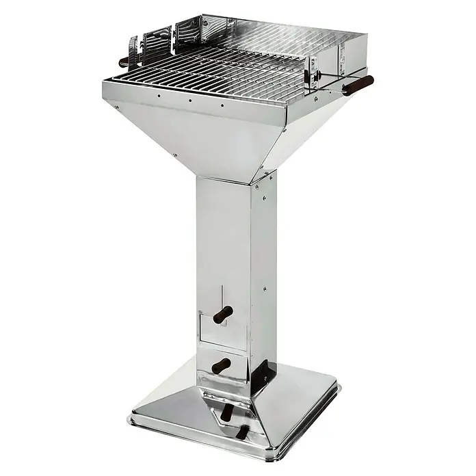 Grillstar Holzkohlegrill Colorado - Grillfläche (B x T): 48 x 46 cm, Silber - Bild eines modernen, silberfarbenen Säulengrills mit Grillrost und Griffen. Ideal für den Garten oder die Terrasse.