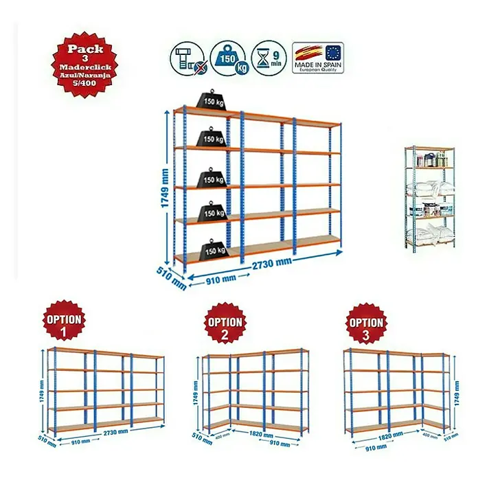 Simonrack Maderclick Estantería para cargas pesadas Metal - Al x An x Pr: 1.749 mm x 2.730 mm x 50 cm, Azul/Naranja - Conjunto de estanterías Maderclick Azul/Naranja 5/400. El conjunto incluye 3 opciones con una capacidad de carga de 150 kg por estante.