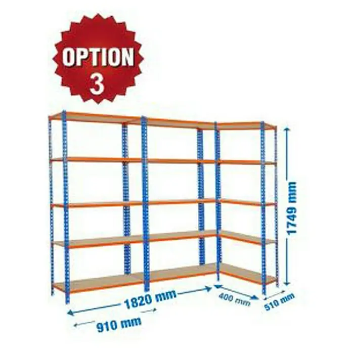 Simonrack Maderclick Estantería para cargas pesadas Metal - Al x An x Pr: 1.749 mm x 2.730 mm x 50 cm, Azul/Naranja - Opción de estantería 3: Estantería esquinera con cuatro estantes, estructura azul y estantes marrones.