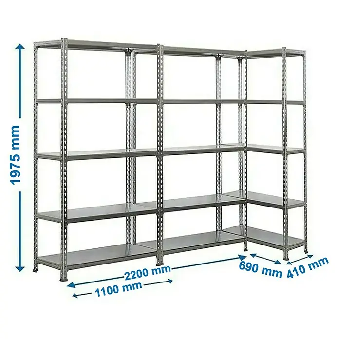Simonrack Simonclick Estantería para cargas pesadas Plus - Al x An x Pr: 200 x 300 x 40 cm, Galvanizado - Imagen del producto: Estantería metálica con dimensiones de 1975 mm de altura, 1100 mm, 2200 mm y 410/690 mm de profundidad.