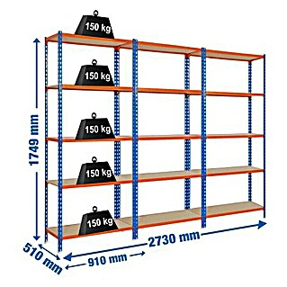 Simonrack Maderclick Set de estanterías Metal (L x An x Al: 510 x 2.730 x 1.749 mm, Capacidad de carga: 150 kg/balda, Azul/Naranja, 3 ud.)