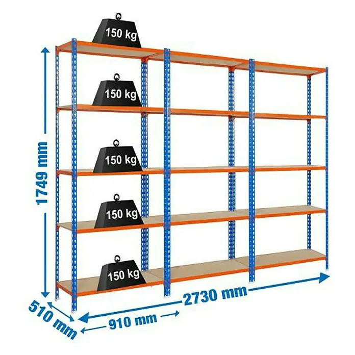 Simonrack Maderclick Estantería para cargas pesadas Metal - Al x An x Pr: 1.749 mm x 2.730 mm x 50 cm, Azul/Naranja - Imagen detallada de una estantería de alta resistencia con cinco niveles, marco azul y estantes naranjas, cargada con pesas.