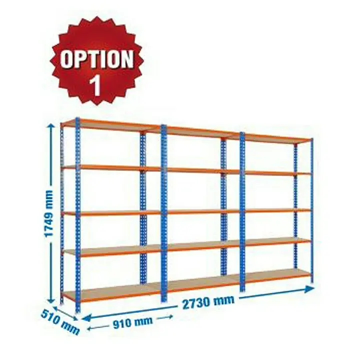 Simonrack Maderclick Estantería para cargas pesadas Metal - Al x An x Pr: 1.749 mm x 2.730 mm x 50 cm, Azul/Naranja - Sistema de estanterías "Opción 1" con marcos metálicos azules y estantes naranjas para almacenamiento, con medidas.