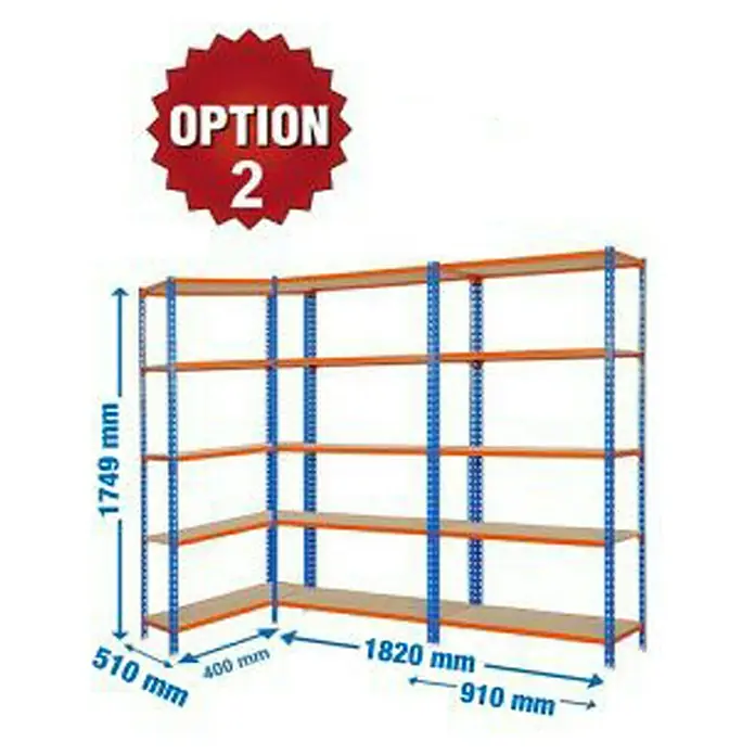 Simonrack Maderclick Estantería para cargas pesadas Metal - Al x An x Pr: 1.749 mm x 2.730 mm x 50 cm, Azul/Naranja - Imagen de una estantería de esquina con 5 niveles y dimensiones.